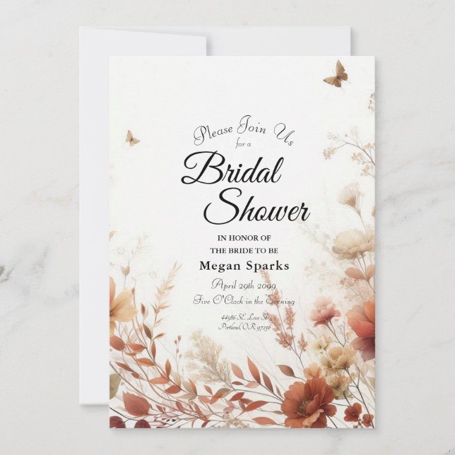 Convite Boho Browns with Butterflies Floral Bridal Shower (Frente)
