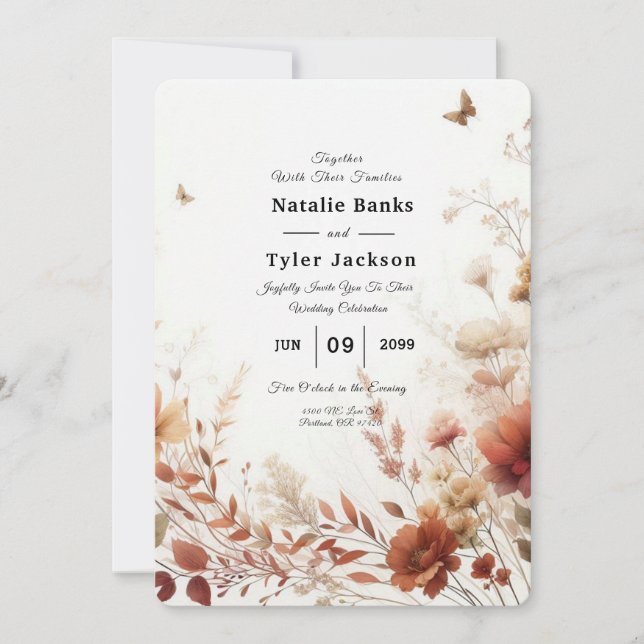 Convite Boho Browns with Butterflies Floral Wedding (Frente)
