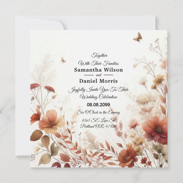 Convite Boho Browns with Butterflies Floral Wedding (Frente)