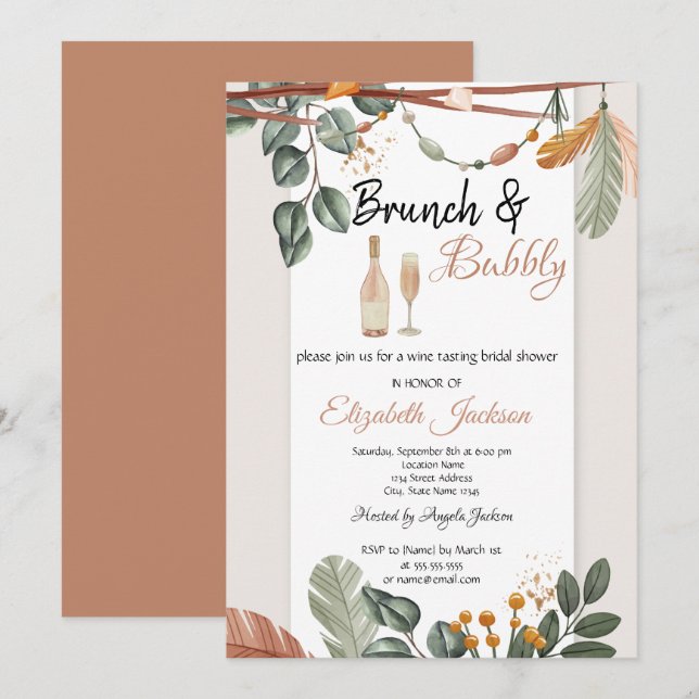 Convite Boho Brunch & Bubbly Chá de Noiva (Frente/Verso)