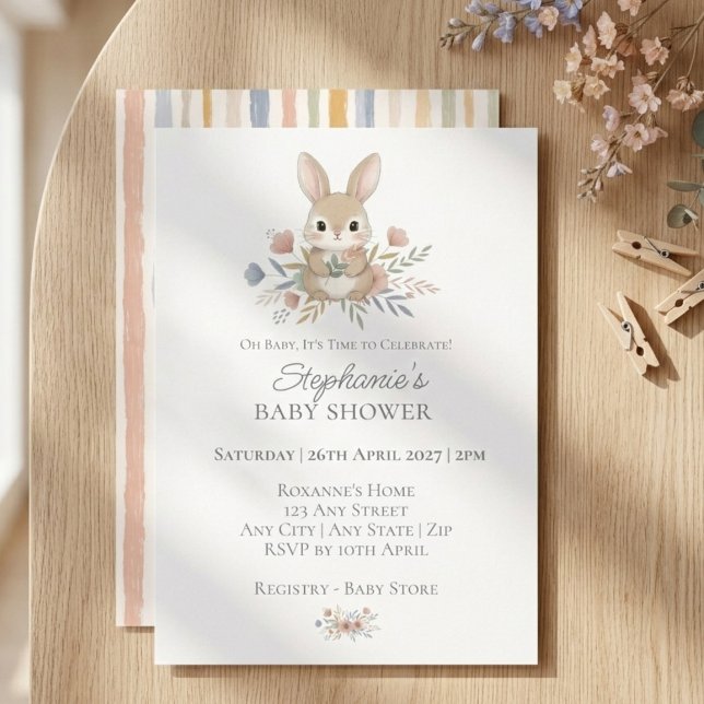 Convite Boho Bunny Watercolor Stripe Baby Shower (Boho bunny baby shower invitation)