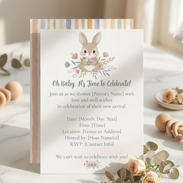 Convite Boho Bunny Watercolor Stripe Baby Shower (Boho bunny baby shower invitation)