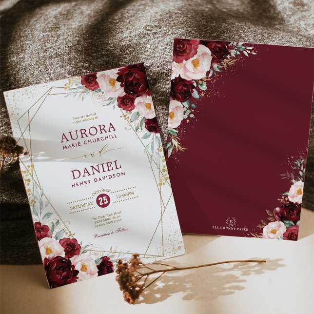 Convite Boho Burgundy Blush Douradas Flores Casamento Geom (Criador carregado)