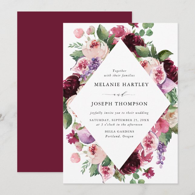 Convite Boho Burgundy & Blush Floral & Fruta Weding (Frente/Verso)