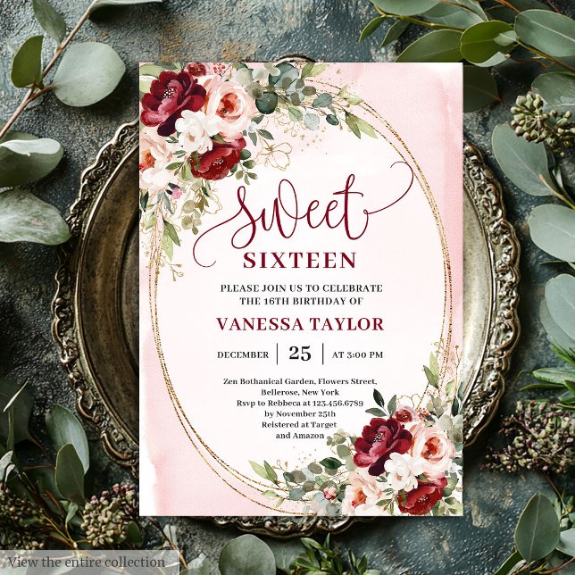 Convite Boho Burgundy Blush Floral Sweet Sixteen Party (Boho Burgundy Blush Floral Sweet Sixteen Party Invitation)