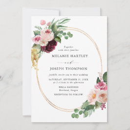 Convite Boho Burgundy & Blush Frame Dourado Floral Casamen