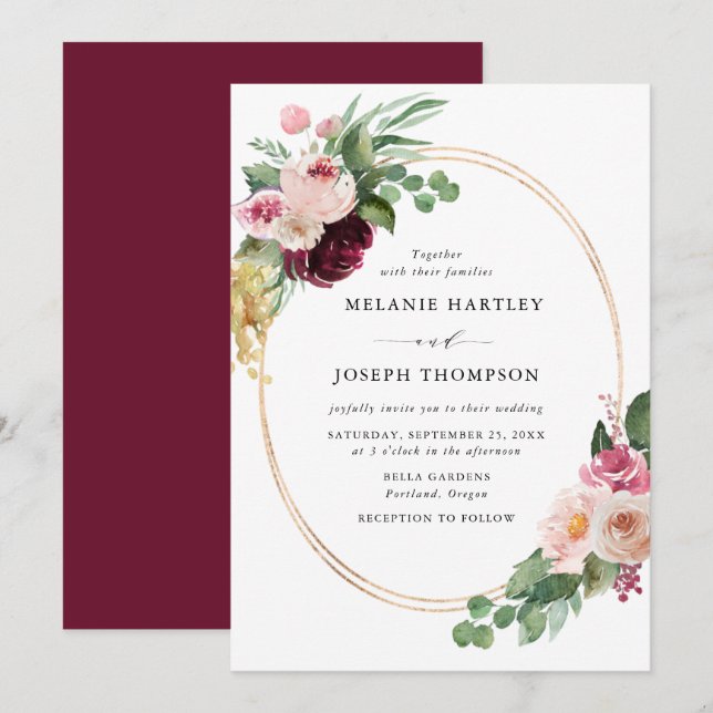 Convite Boho Burgundy & Blush Frame Dourado Floral Casamen (Frente/Verso)