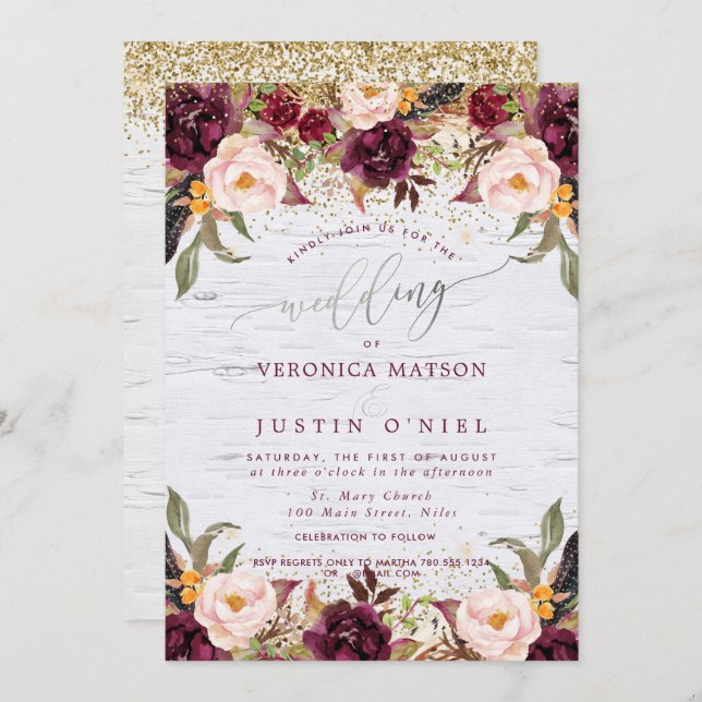 Convite Boho Burgundy+Blush Watercolor Flowers (Frente/Verso)
