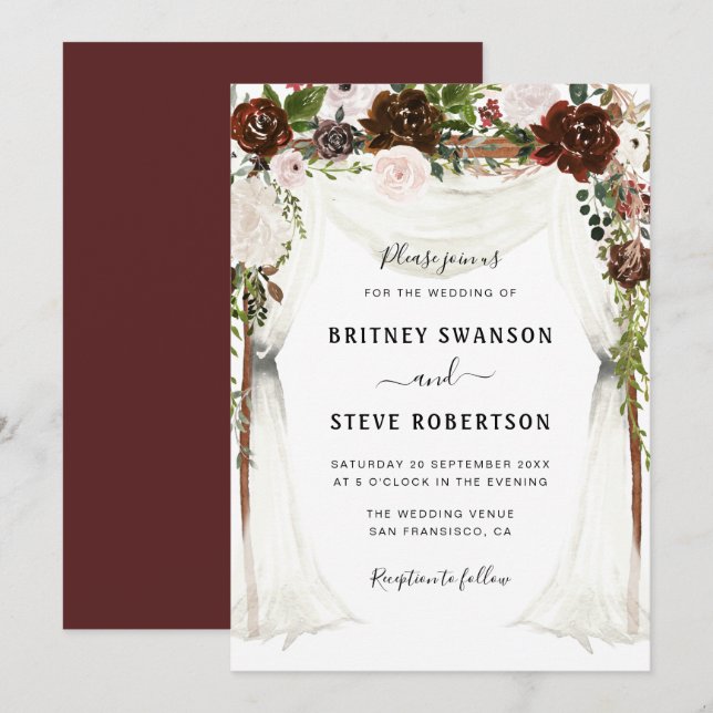 Convite boho burgundy, casamento floral da copa (Frente/Verso)