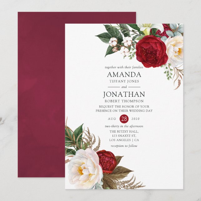 Convite Boho Burgundy - Casamento Floral de Marsala (Frente/Verso)
