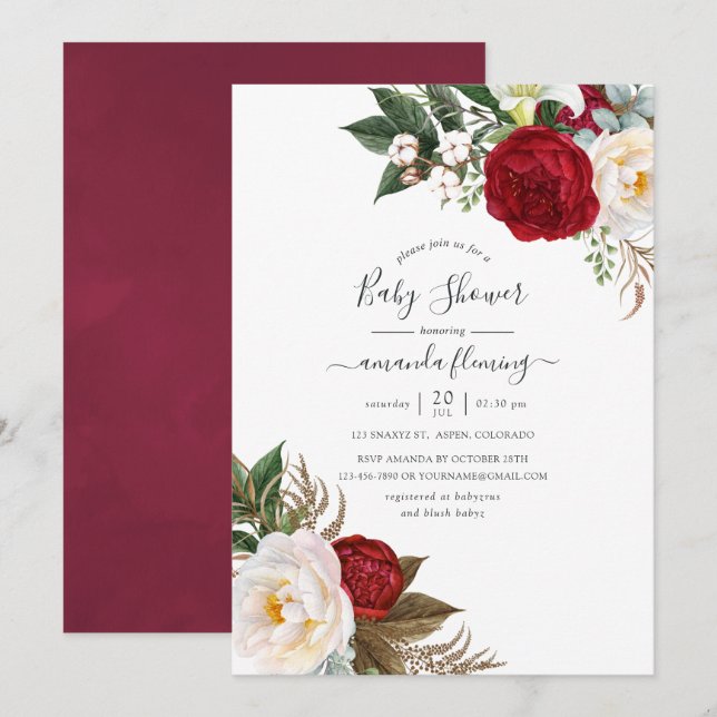 Convite Boho Burgundy - Chás de Bebê Floral Marsala (Frente/Verso)