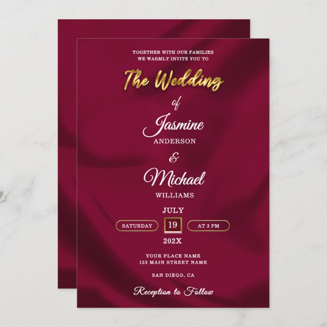 Convite Boho Burgundy e Gold Foil Script Casamento Simples (Frente/Verso)