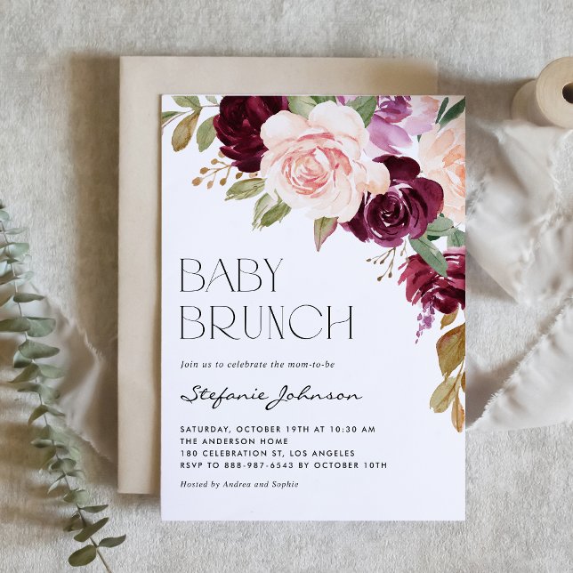 Convite Boho Burgundy e Pessegueiros caem Baby Brunch (Criador carregado)