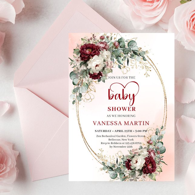 Convite Boho Burgundy Floral Gold Baby Shower Invitation (Boho Burgundy Floral Baby Shower Invitation with Greenery)