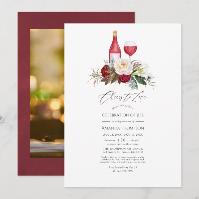 Convite Boho Burgundy Floral Vinho Celebração da Vida (Frente/Verso)