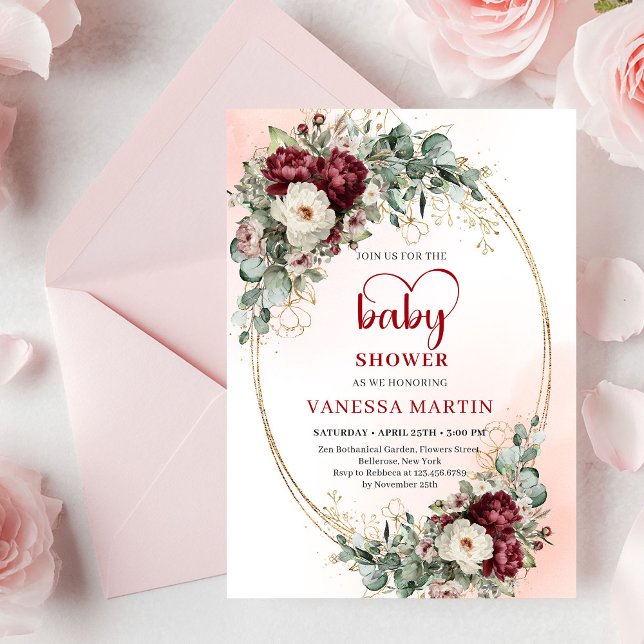 Convite Boho Burgundy Greenery Gold Baby Shower Invite (Boho Burgundy Greenery Gold Baby Shower Invite)