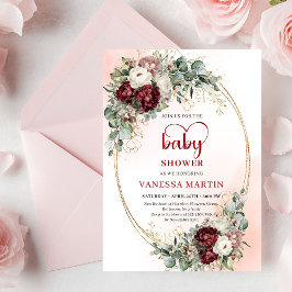 Convite Boho Burgundy Greenery Heart-Shaped Font Baby Show