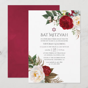 Convite Boho Burgundy - Marsala Floral Bat Mitzvah