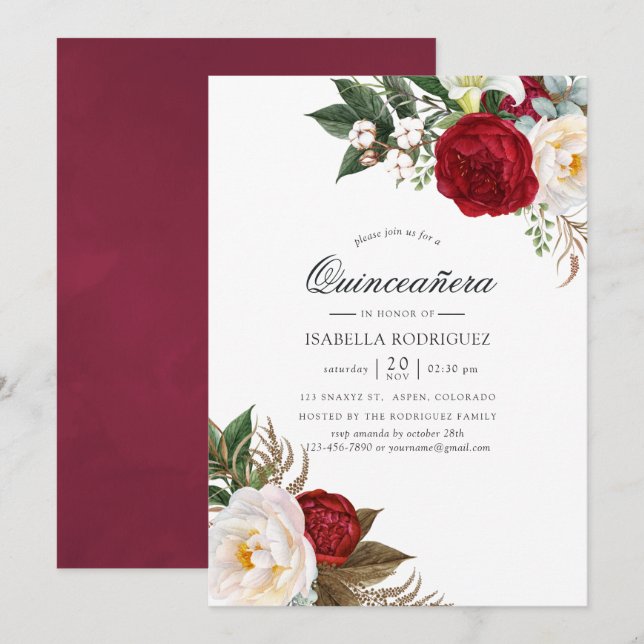 Convite Boho Burgundy - Marsala Floral Quinceañera (Frente/Verso)