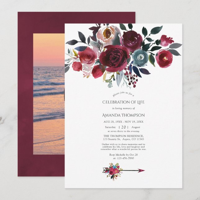 Convite Boho Burgundy & Navy Celebração da Vida Floral (Frente/Verso)