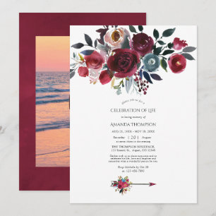 Convite Boho Burgundy & Navy Celebração da Vida Floral