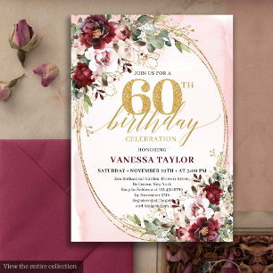 Convite Boho Burgundy Quadro Floral Aniversário de 60 anos