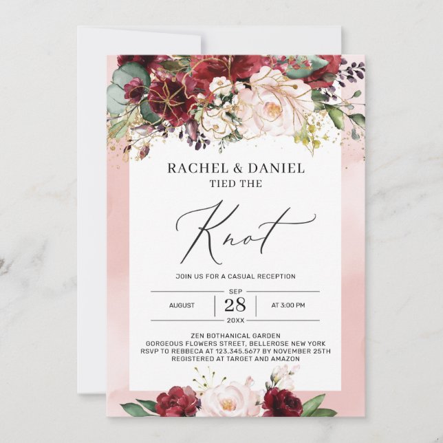 Convite Boho burgundy rosa floral casou (Frente)