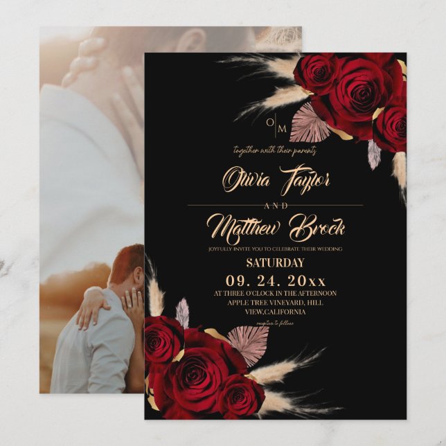 Convite  Boho Burgundy Roses Floral Wedding (Frente/Verso)