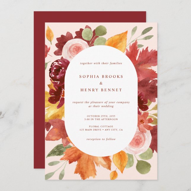 Convite Boho Burgundy Rustic Foto Floral Casamento (Frente/Verso)