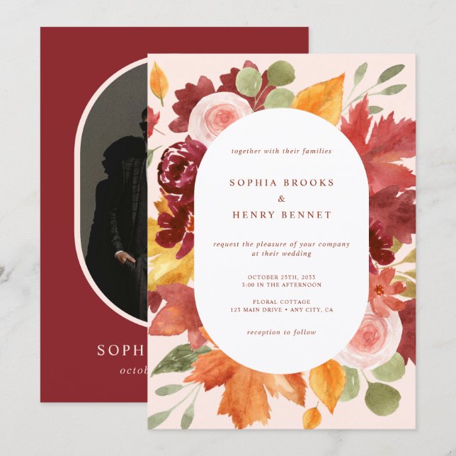 Convite Boho Burgundy Rustic Foto Floral Casamento (Frente/Verso)