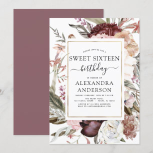 Convite Boho Burgundy Sweet 16 Birthday Floral