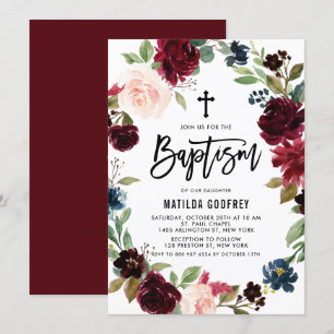 Convite Boho Burgundy Watercolor, Batismo Floral