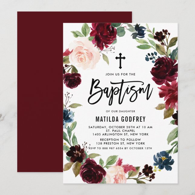Convite Boho Burgundy Watercolor Floral Wreath Baptism (Frente/Verso)