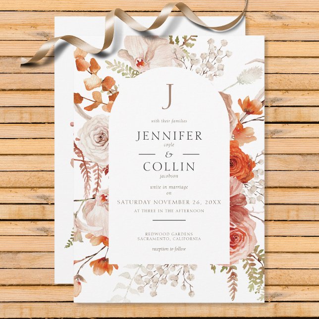 Convite Boho Burnt Orange Fall Floral Arco Floral Monogram (Criador carregado)