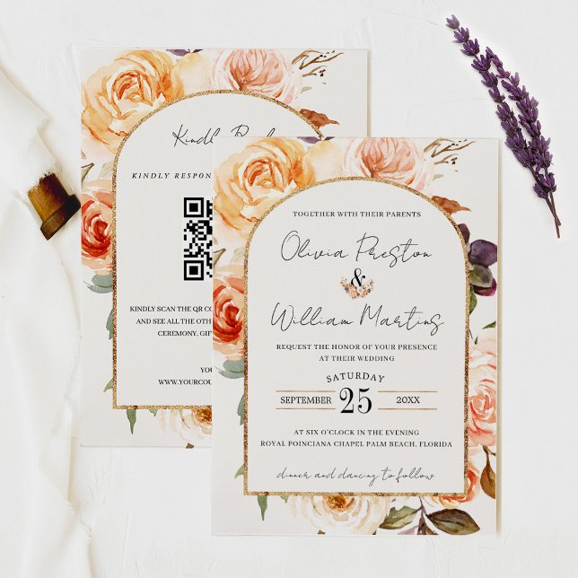Convite Boho Burnt Orange Floral Arch QR Code RSVP Casamen (Criador carregado)