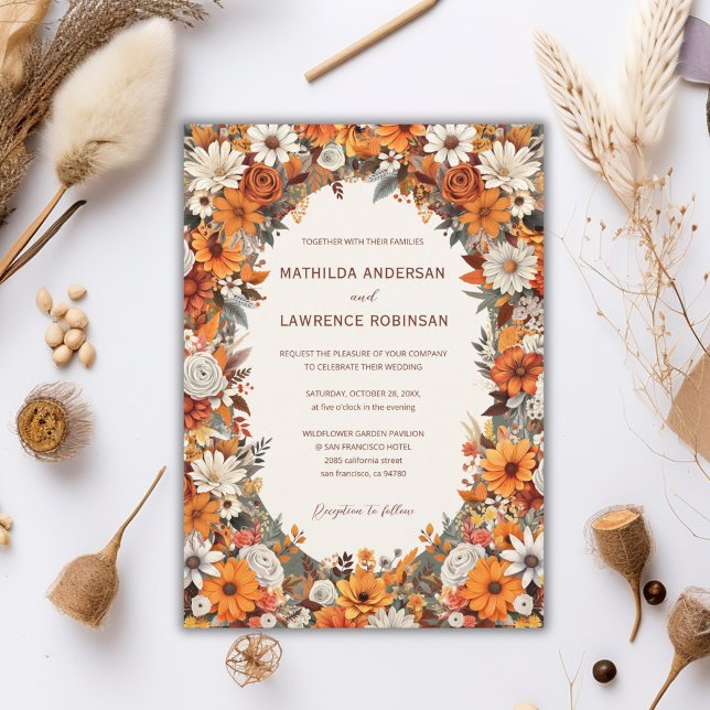 Convite Boho Burnt Orange Sage Floral Casamento outono (Boho Chic Burnt Orange Terracota Sage Foliage Floral Photo Fall Wedding Invitation)