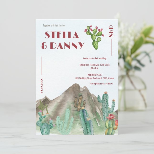 Convite Boho Cacto Deserto Destino Arizona (Em pé/Frente)