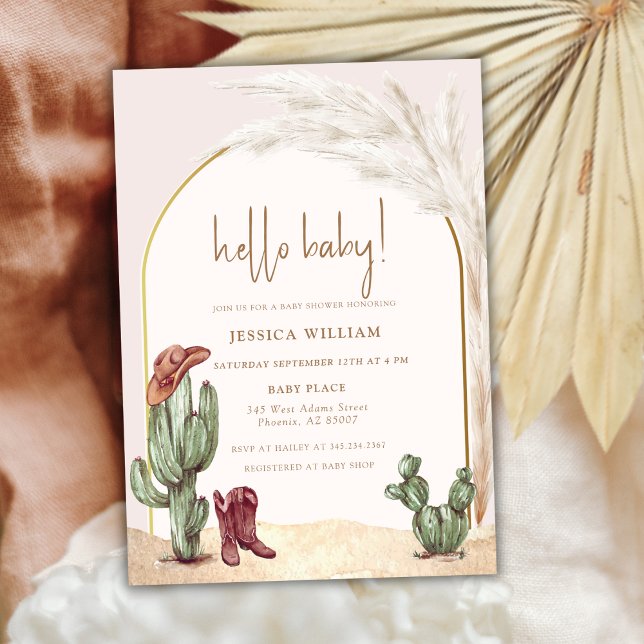 Convite Boho Cactus Arch Desert Cowboy Alô Chá de fraldas (Boho Cactus Arch Desert Cowboy Hello Baby Shower Invitation)