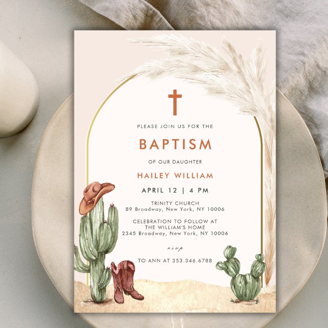 Convite Boho Cactus Arch Desert Cowboy Cross Baptism (Boho Cactus Arch Desert Cowboy Cross Baptism Invitation)