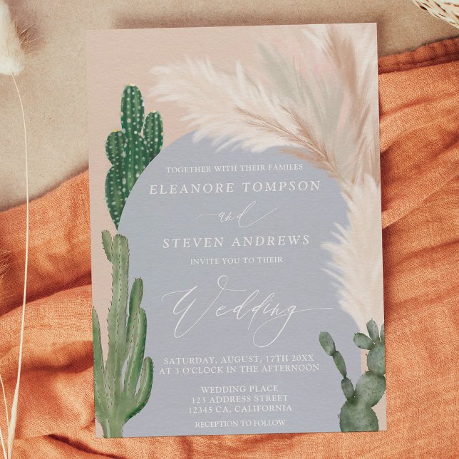 Convite Boho cactus pampas arca azul-terra casamento (Boho cactus pampas arch blue earth tone wedding invitation)