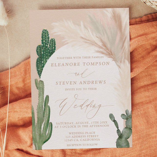 Convite Boho cactus pampas arch beige Earth casamento (Boho cactus pampas arch beige earth tone wedding invitation)