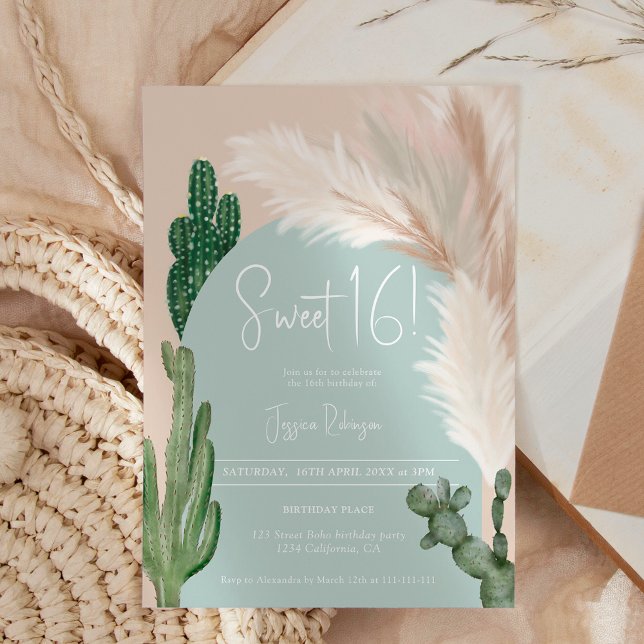 Convite Boho cactus pampas arco verde terra doce 16 (Boho cactus pampas arch green earth tone Sweet 16 Invitation)