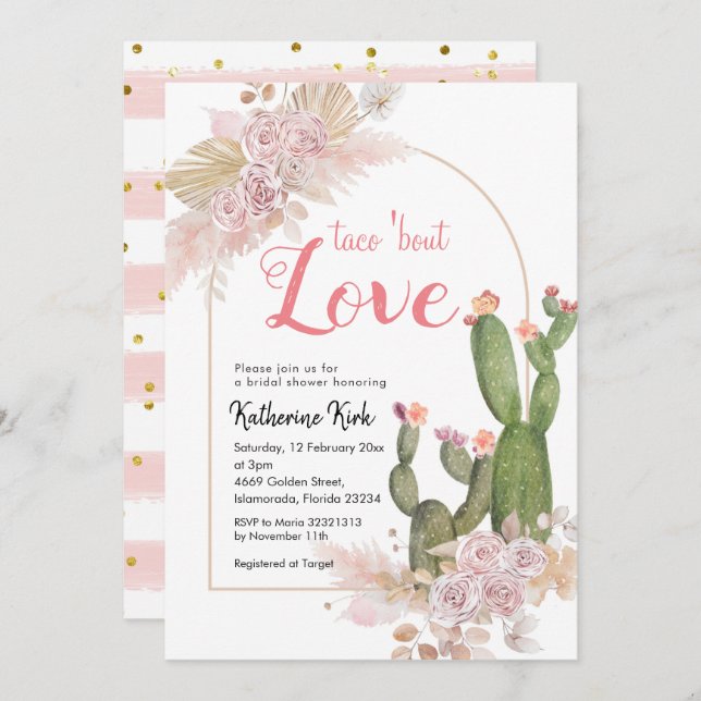 Convite Boho Cactus Taco sobre Chá de panela de Amor (Frente/Verso)