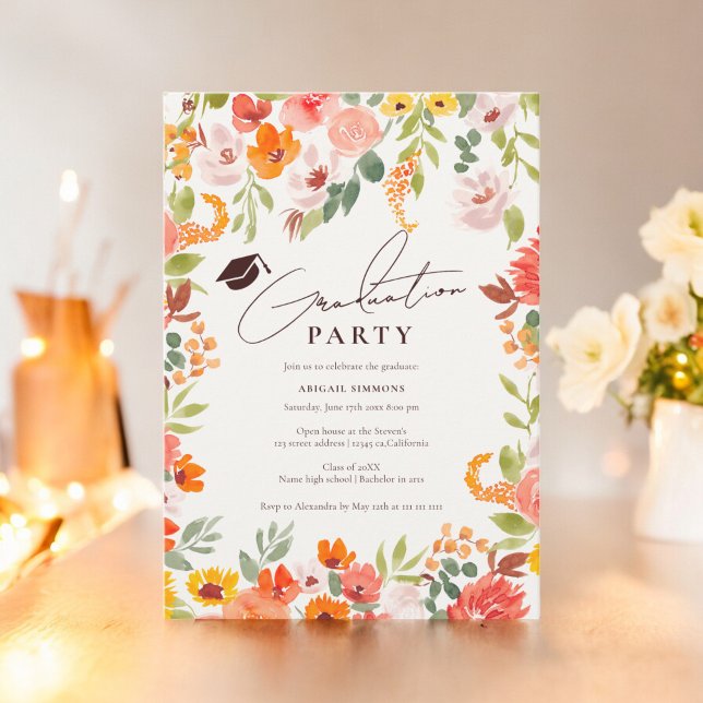 Convite Boho caia rústica mão pintada graduação floral (Boho fall rustic hand painted floral graduation invitation)