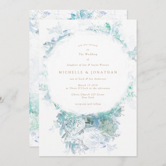 Convite Boho Casado Boho, Flores Verdes Azuis (Frente/Verso)