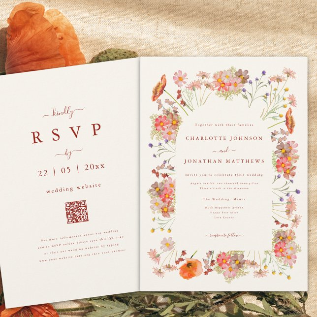 Convite Boho Casamento outono de flores silvestres secas (Boho wildflower fall wedding invitation with qr code)