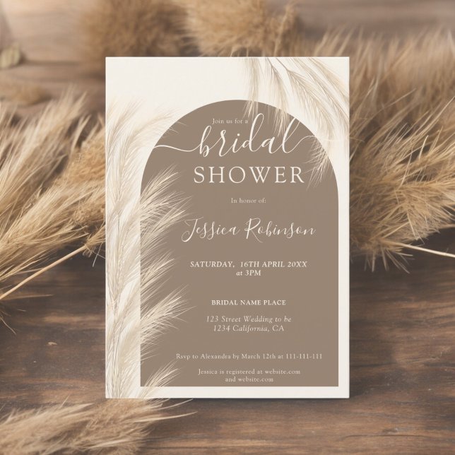 Convite Boho castanho pampas chá de panela aquarela (Boho brown pampas grass watercolor bridal shower invitation)