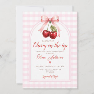 Convite Boho Cereja no Topo do Chá de Bebê Rosa Xadrez