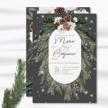 Convite Boho Charcoal Pine Winter Sparkle Wedding Invite<br><div class="desc">This design features a rustic green pine and pinecone bouquet on a charcoal background with white flowers. It is accented with a white sparkle overlay to illustrate the magic of the beautiful winter holidays. Perfect for a Christmas or winter wedding. This card is part of the Boho Green Pine Winter...</div>