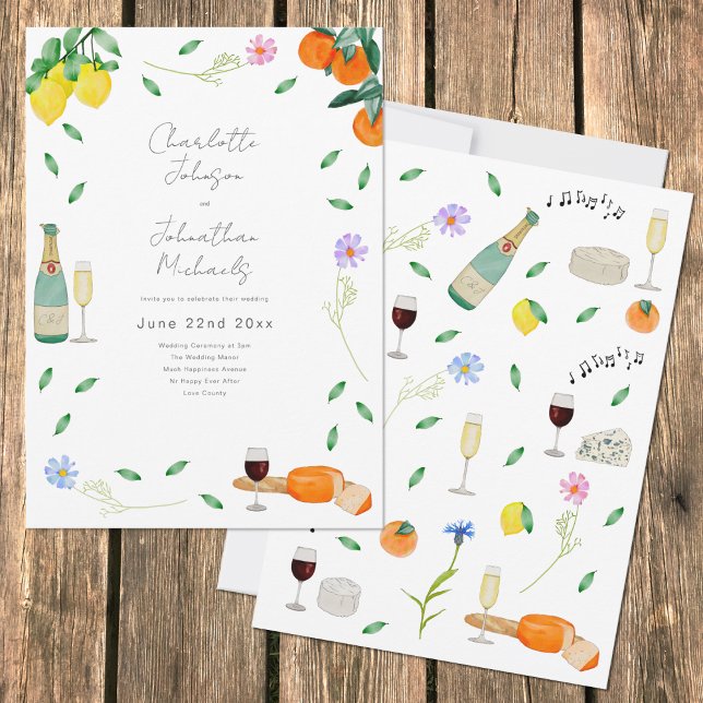 Convite Boho Chic Aquarela Casamento Rústico de Verão (Lemon and orange botanical citrus boho watercolor wedding invitation )